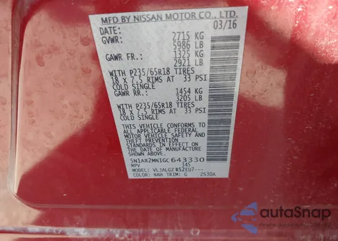 2016 Nissan Pathfinder Sl z USA, uszkodzony, nr VIN 5N1AR2MN1GC643330